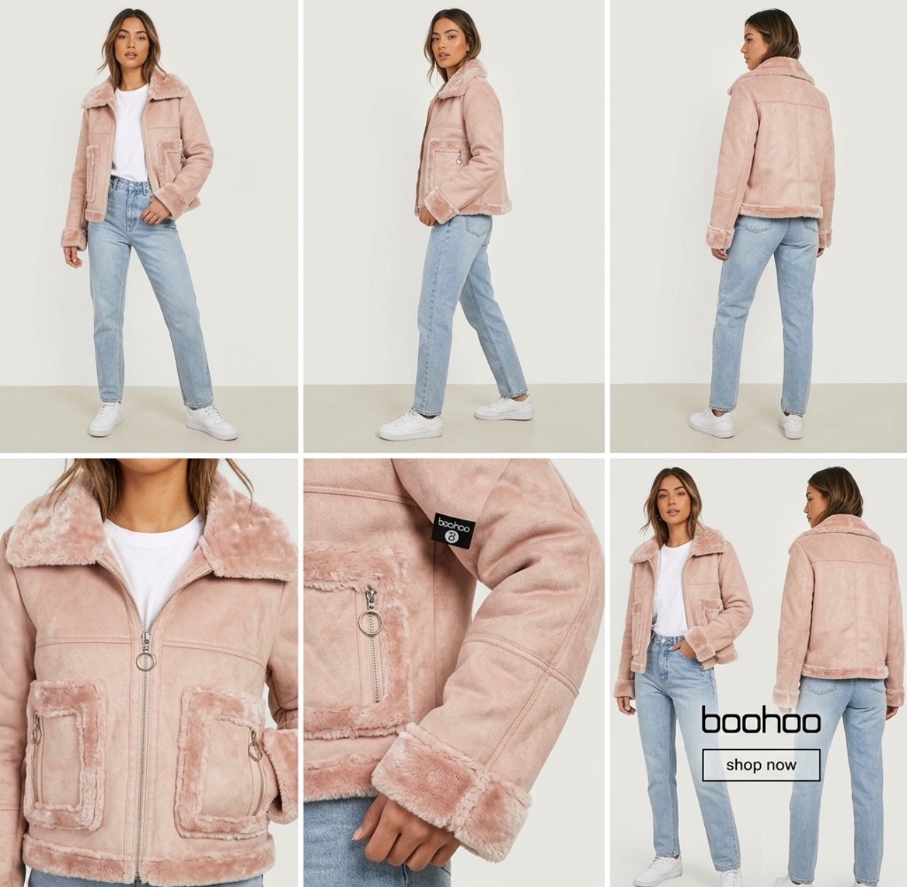 Veste aviateur en daim et fausse fourrure rose poudre Boohoo