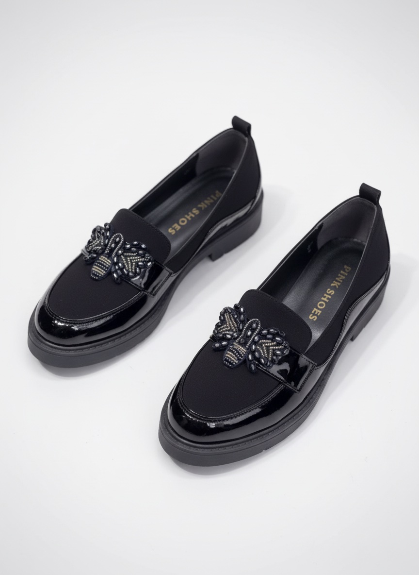 Mocassins noirs vernis avec détail abeille élégante (+ Un Cadeau Offert !)