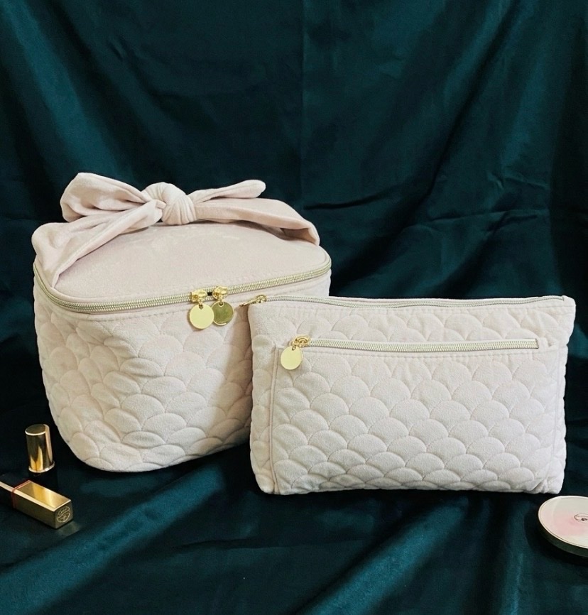 2 Trousses de Toilette et Maquillage en Velours Matelassé Rose Poudré (+ Un Cadeau Offert !)