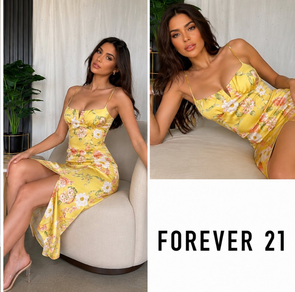 ☀️💛 ♥️🧡Robe Midi Satinée Forever 21 – Look Été🌞 Ultra-Féminin♥️🌹🍒💃 au Design Fleuri Poétique🌺🪻🌸🍀 (Fermeture au Dos🤐) 🧡✨🤍🌼🍊