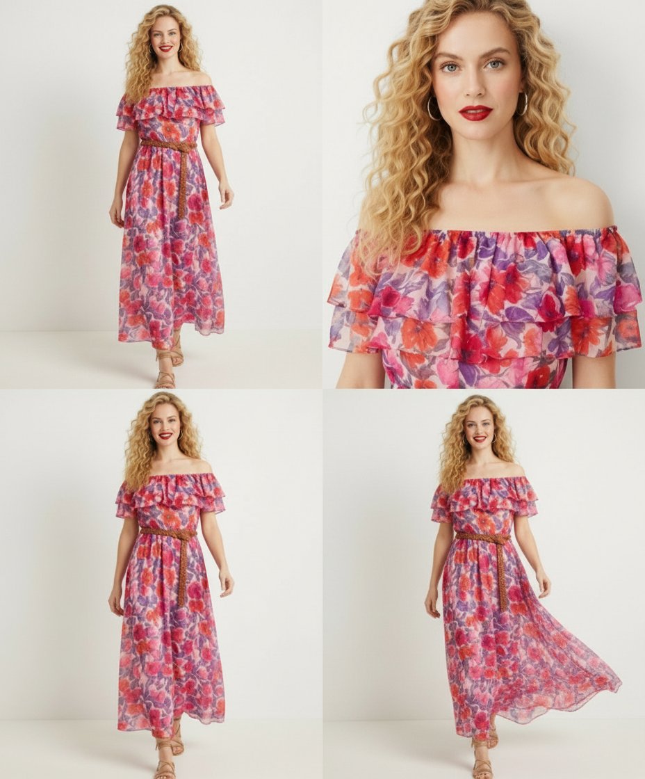  ​Robe longue bohème chic & florale 🌸 | Épaule dénudée (Col Bateau) | Taille 40 au 46 💃