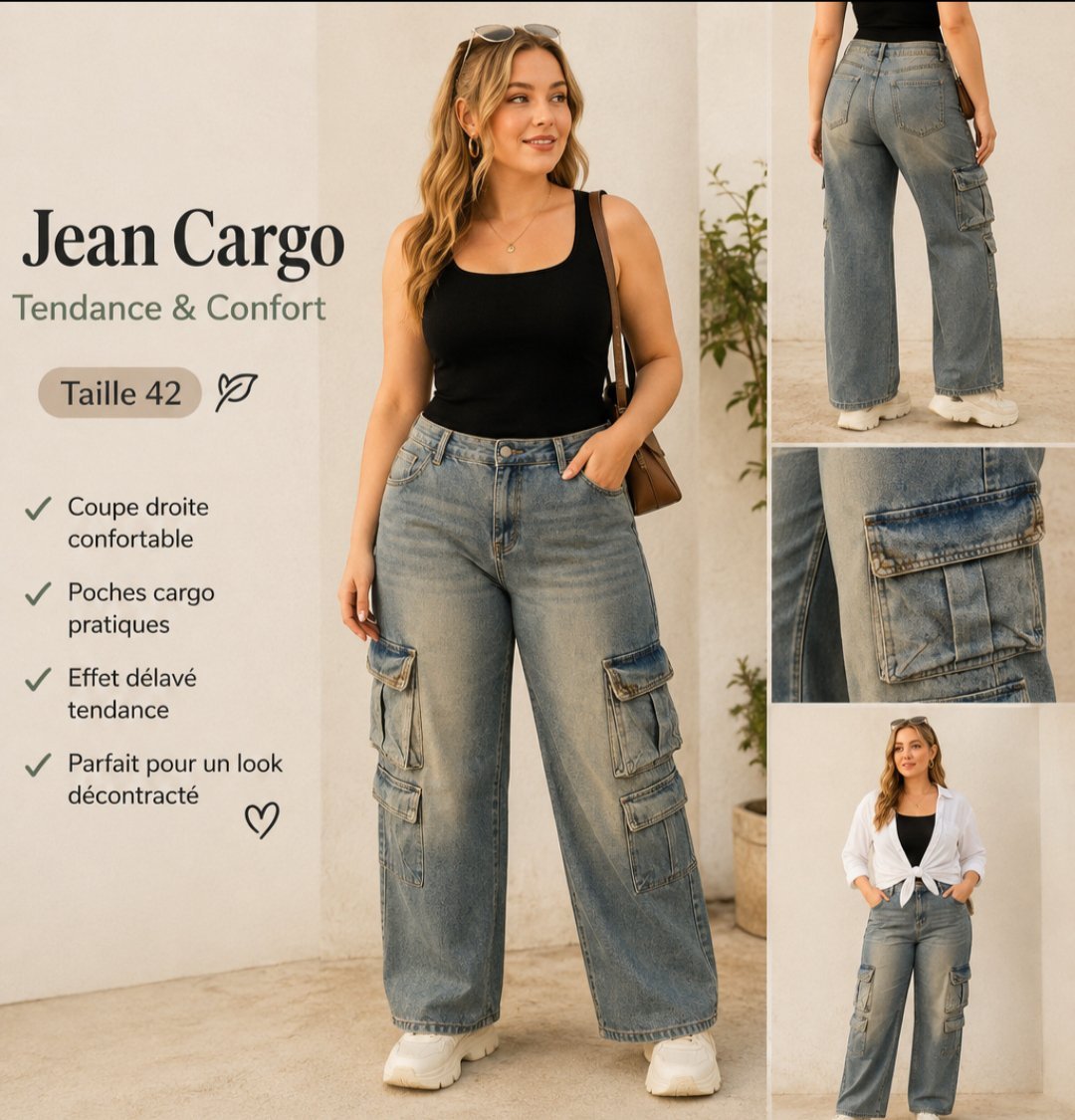  Jean Cargo multi-poches en denim à délavage vintage,.Coupe large (Wide-leg / Baggy)😍