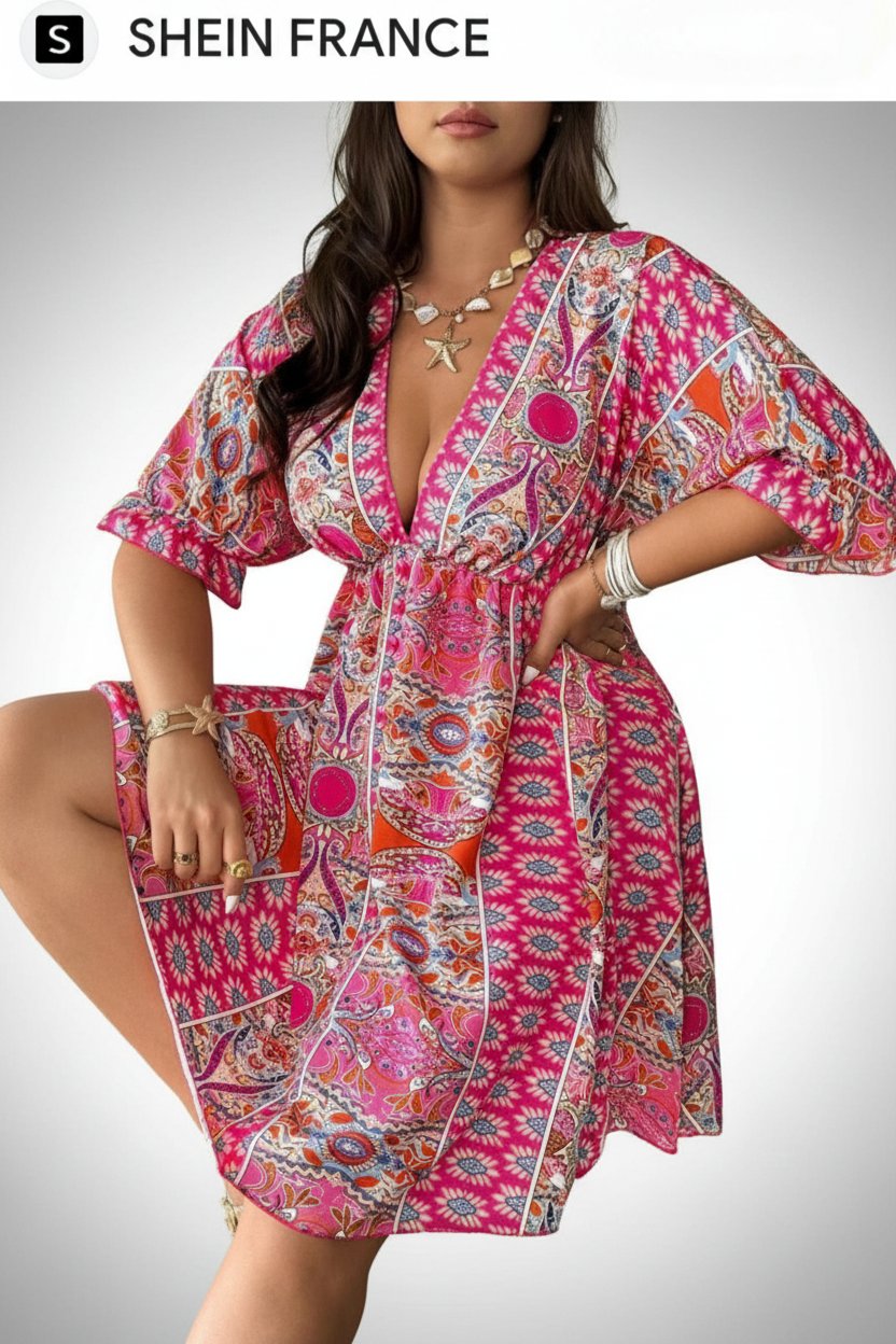 👗 Robe d'Été🩷🤍 SHEIN🩵🧡 Bohème Chic Rose 🌸 | Idéale Plage & Vacances 🏖️ | Taille M (40/42) ✨ Avec Élastique à la Taille ✨