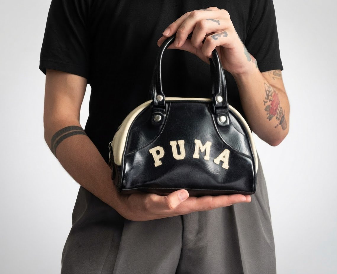  Mini Sac Vintage PUMA Noir et blanc 🤍🖤Petit sac Bowling Années 90 Sac femme Sport Mini sac à main Vinyl
