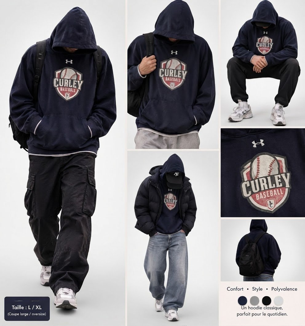  un sweat à capuche under armour "CURLEY BASEBALL", idéal pour créer une tenue décontractée et tendance au style streetwear / gorpcore.Gris foncé