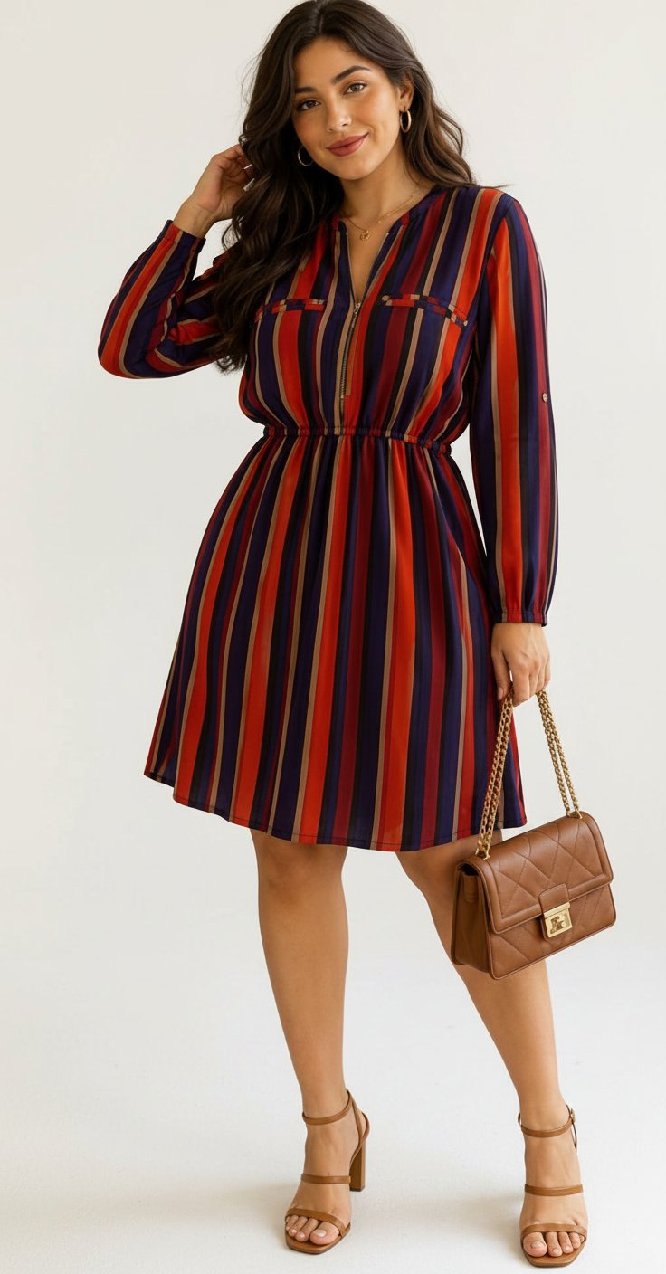 🛍️ Robe courte patineuse♥️ SPEED CONTROL🧡 M - Décolleté Zippé🔆 - État Neuf- Rayures🌻🍁🍂 Verticales et Taille Élastique🍃