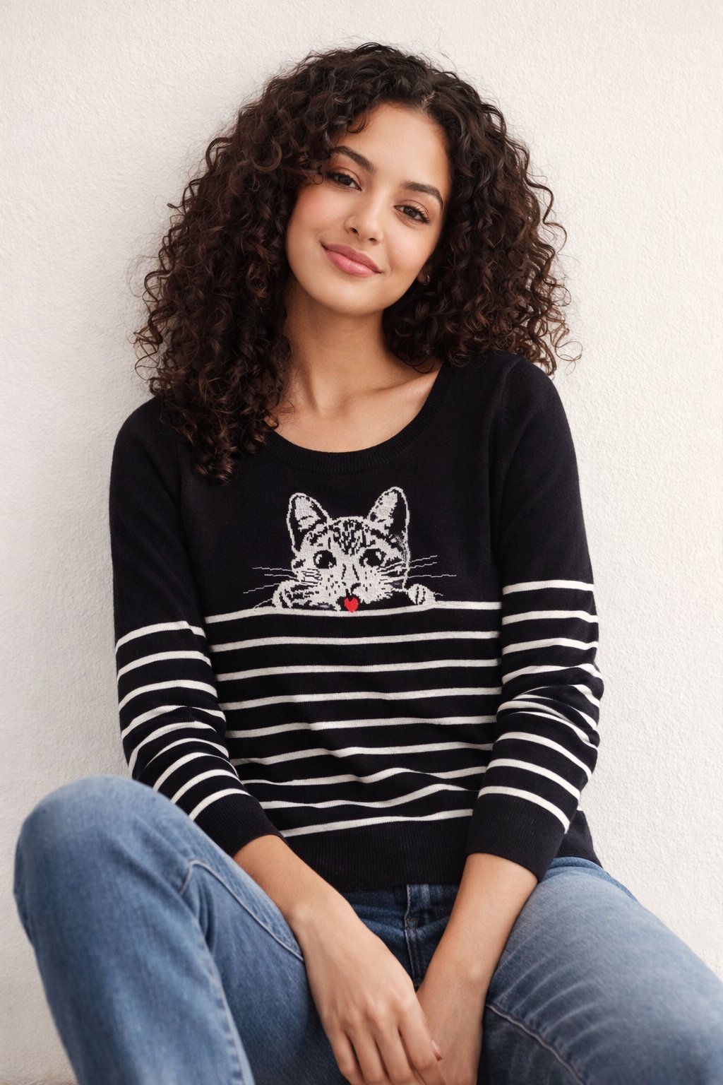 Pull rayé noir et blanc 🖤🤍♥️avec un motif de chat 🐱 T,s/m, est de la marque SMART SET