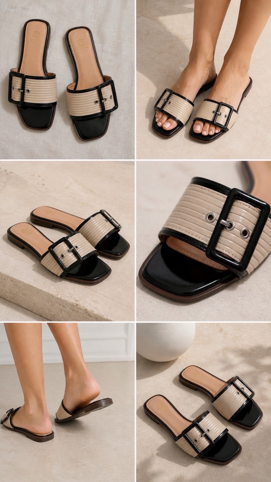 Claquette strass beige et noir
