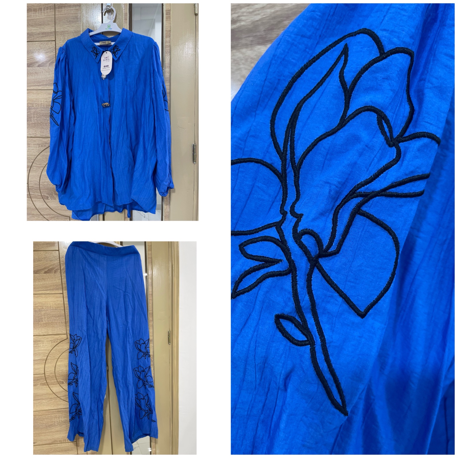Set bleu roi detail brodée fleur pantalon taille haute 