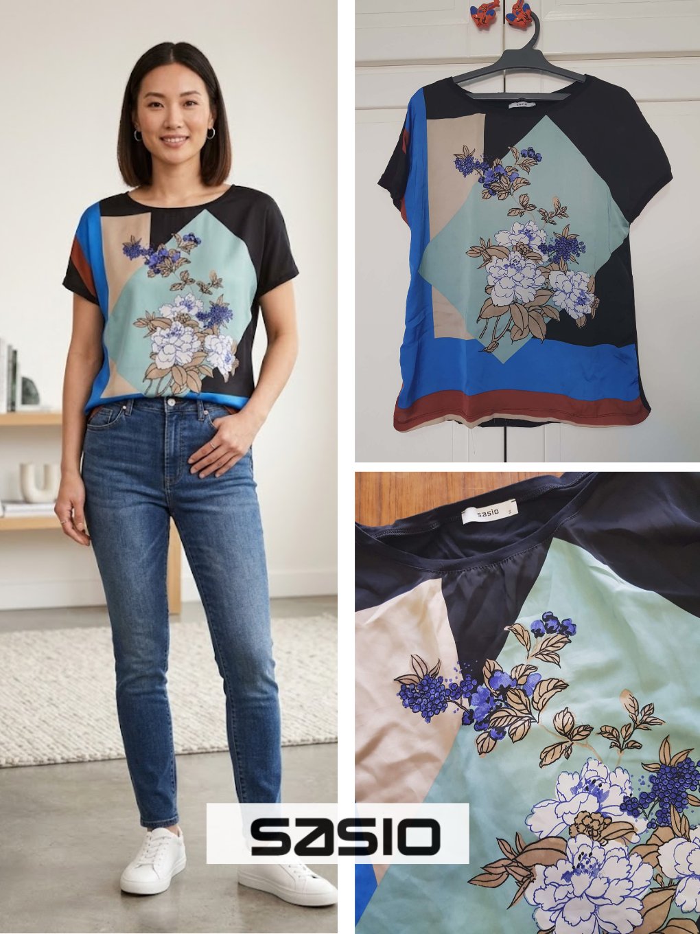 T-shirt Oasis Noire à Motif Fleuri et Colorblock - Taille S