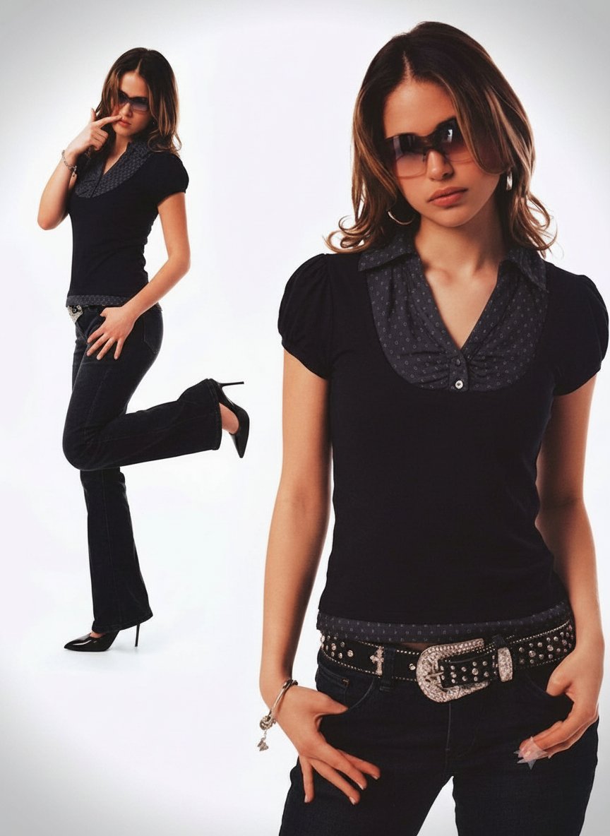 T-shirt à col chemise noir 
