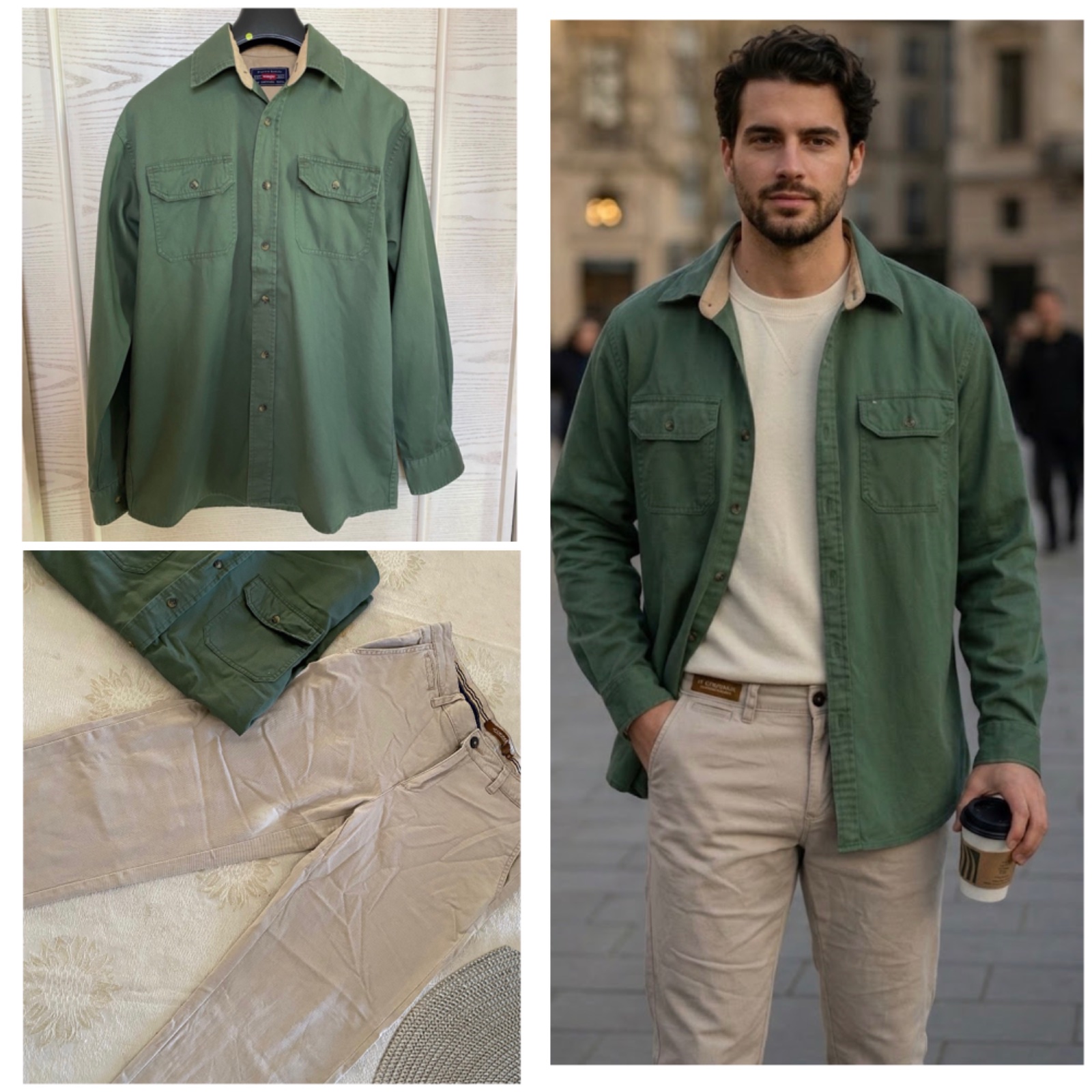 Offre spécial🚨 Chemise Homme vert avec Pantalon beige 💎 les deux 100% Cotton tt neufs