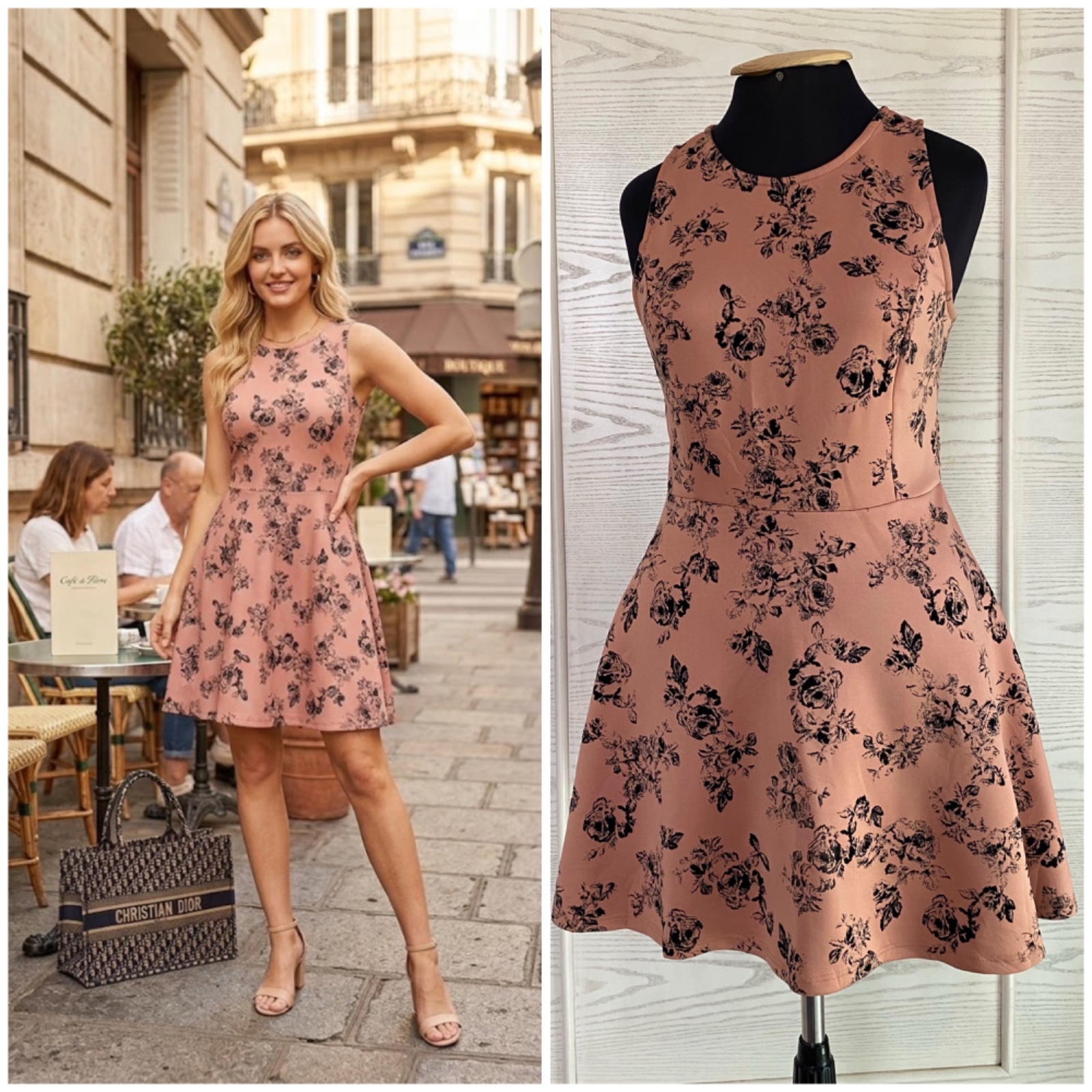 🏷️ À VENDRE: Robe patineuse fleurie – Rose poudré & Noir – État impeccable