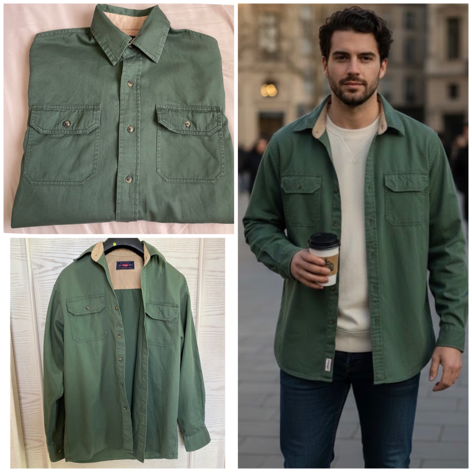 Surchemise Homme vert forêt _Wrangler_ Doublure beige au col, deux poches poitrine boutonnées, boutons effet corne 100% Cotton 🌲🌲 tt Neuf✅ 