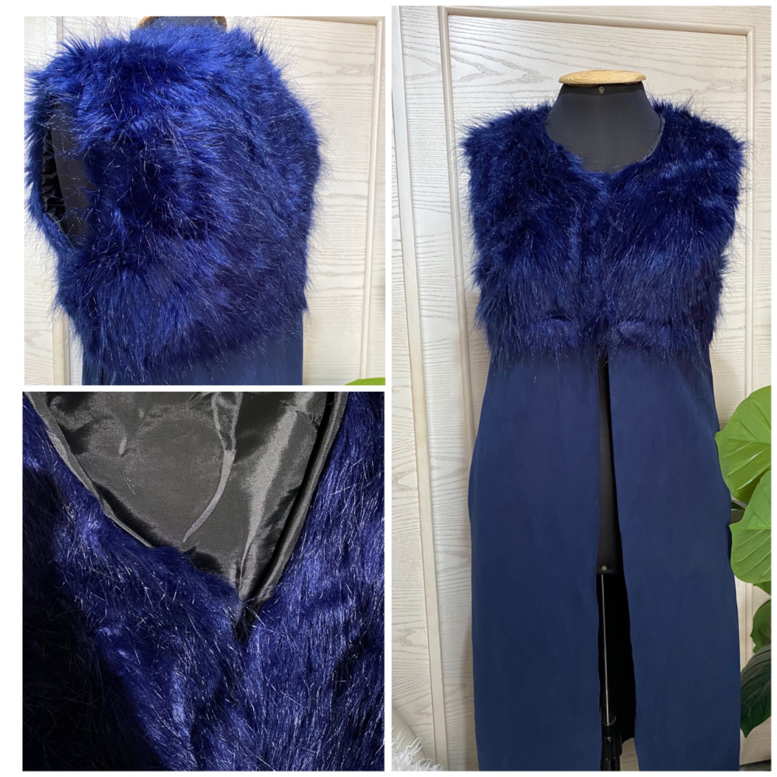💙 Magnifique Gilet Long Sans Manches – Bleu Nuit & Fausse Fourrure avec deux poches 💙 tt neuf