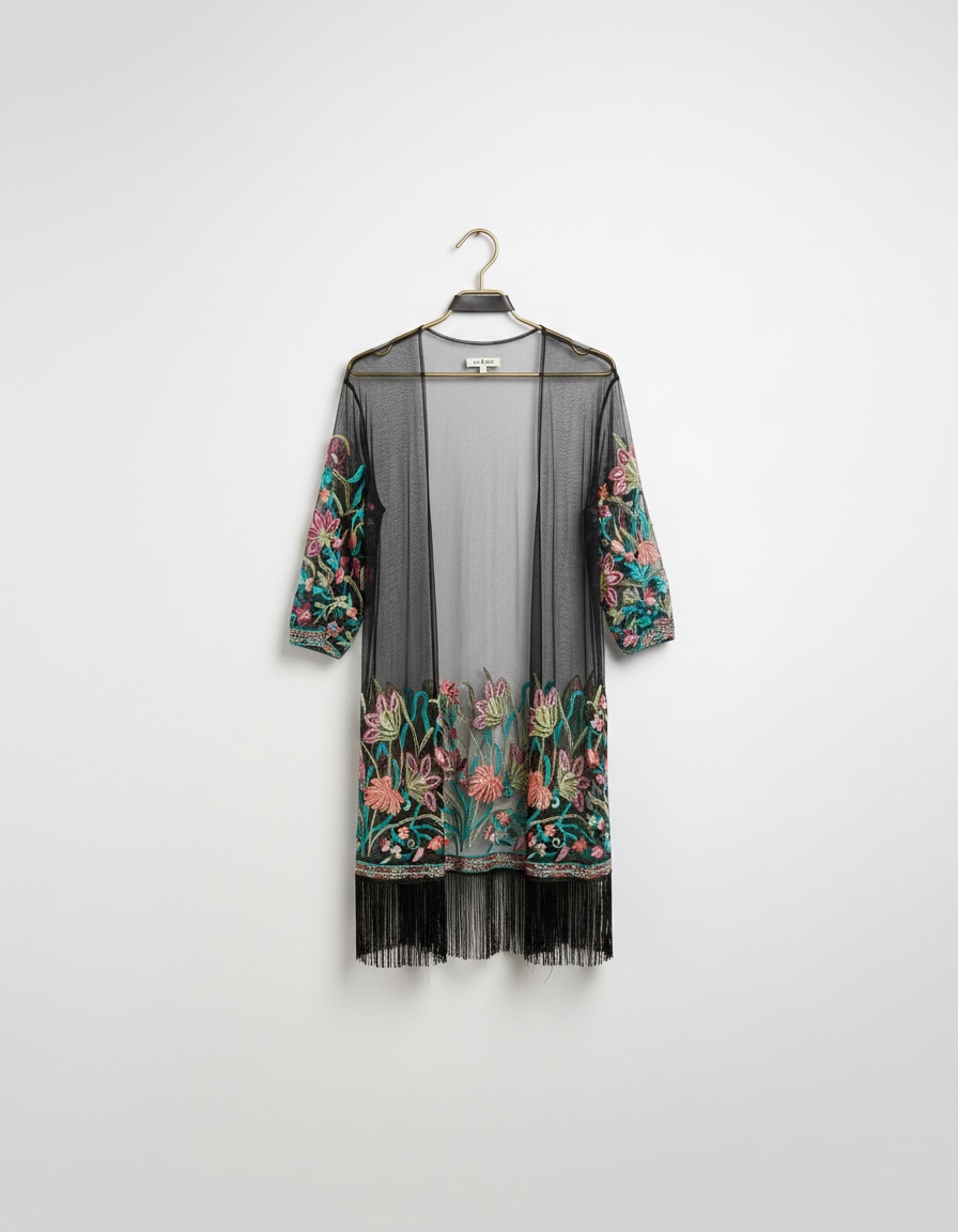 Mesh Kimono avec broderies florales et franges de la marque Yo & Me