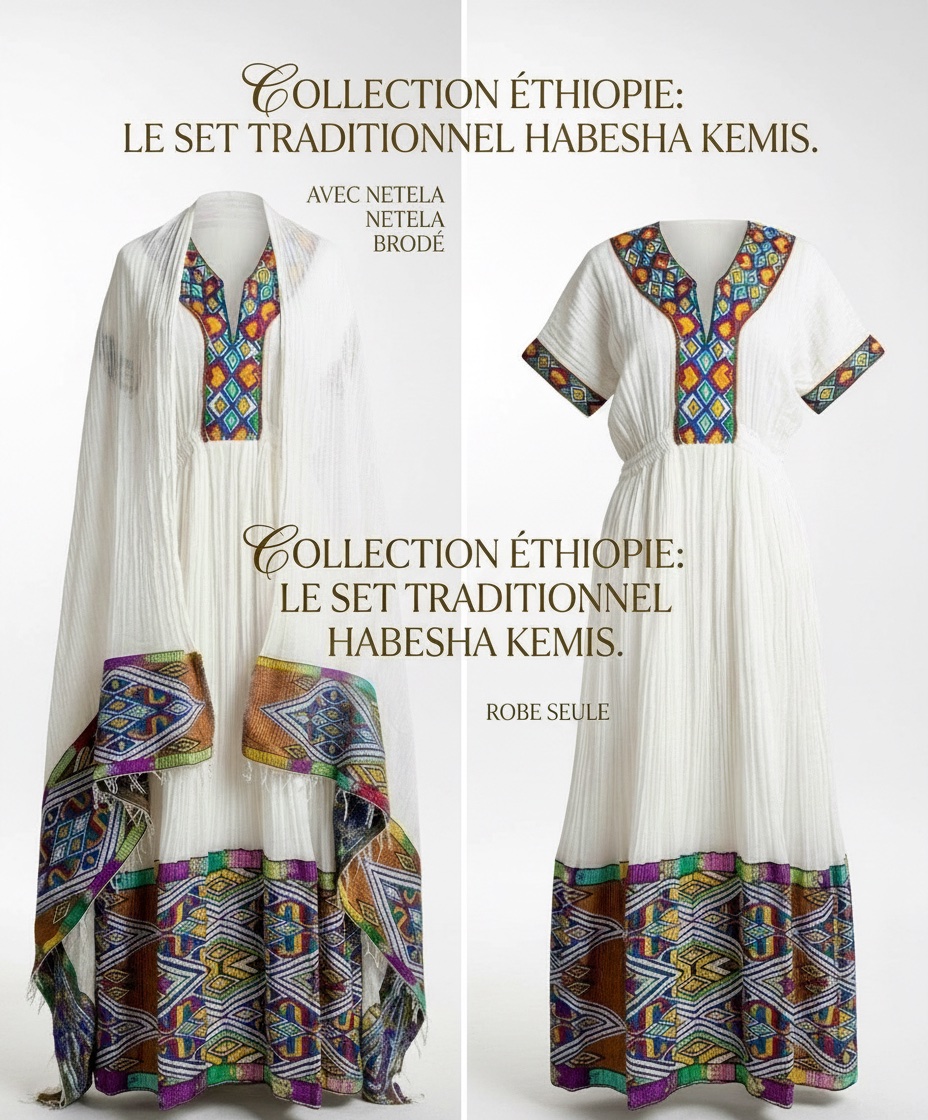 Set Traditionnel Habesha Kemis + Netela Brodée