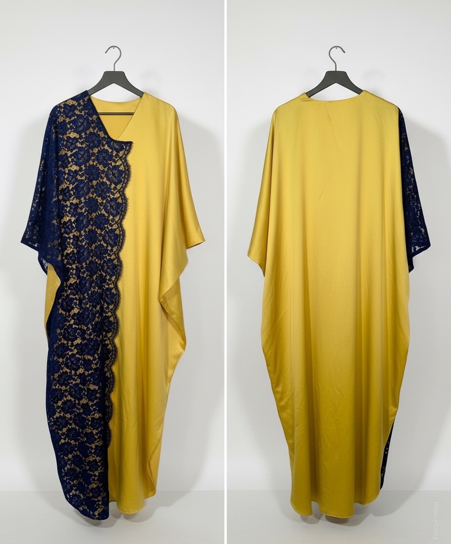Abaya Kaftan Jaune Satin & Dentelle Marine - Taille Unique