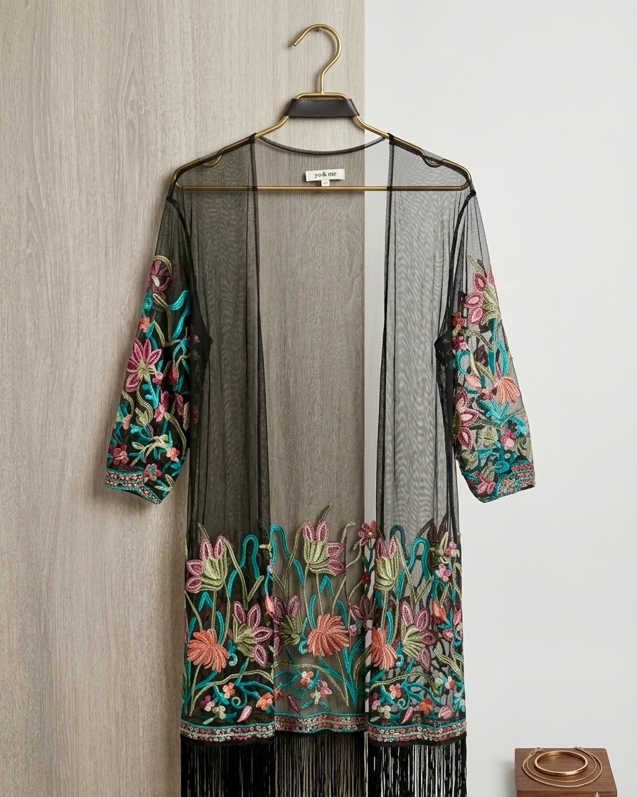 Kimono Noir Brodé Fleurs Yu & Me - Taille L - Neuf