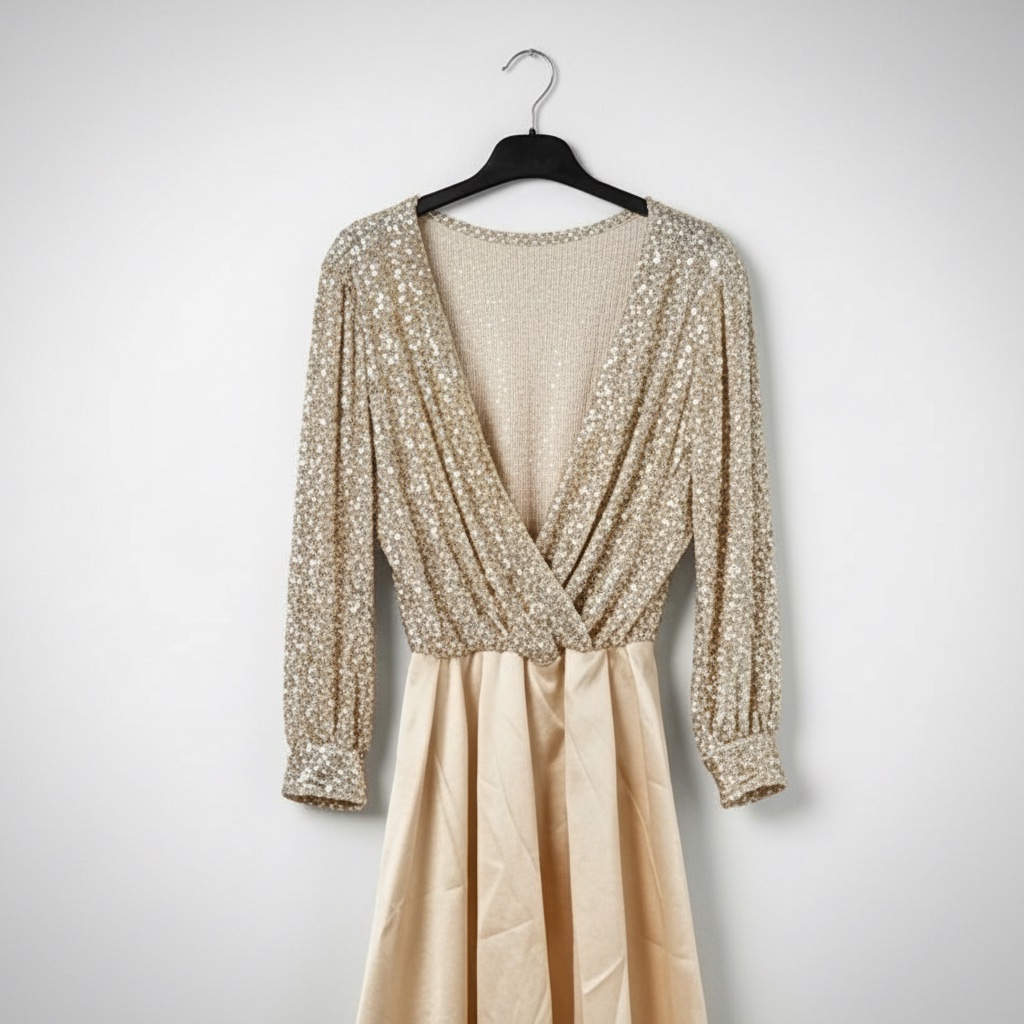 Robe de Soirée – Le Buste Sequins & Jupe Satin Champagne