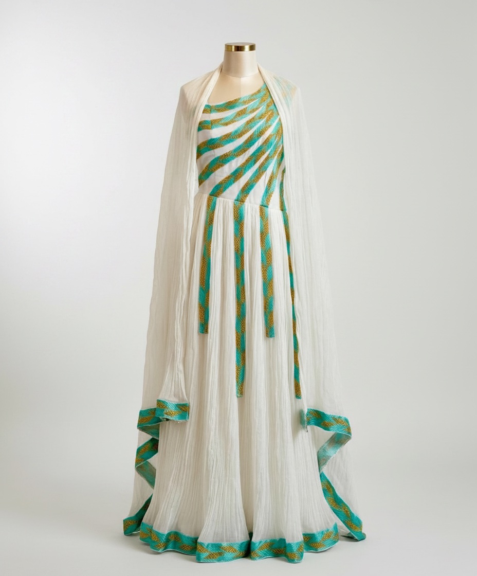 Robe traditionnelle Habesha en Coton tissé traditionnel "Menen" / coton éthiopien + Châle brodé - Taille 44