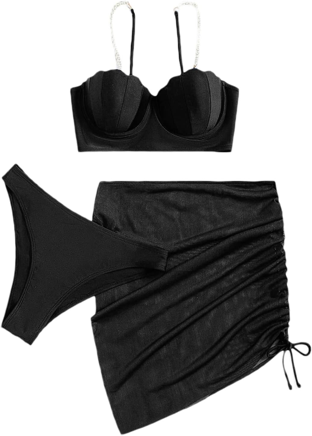 Haut maillot de bain noir à perles et cache jupe en résille assortie