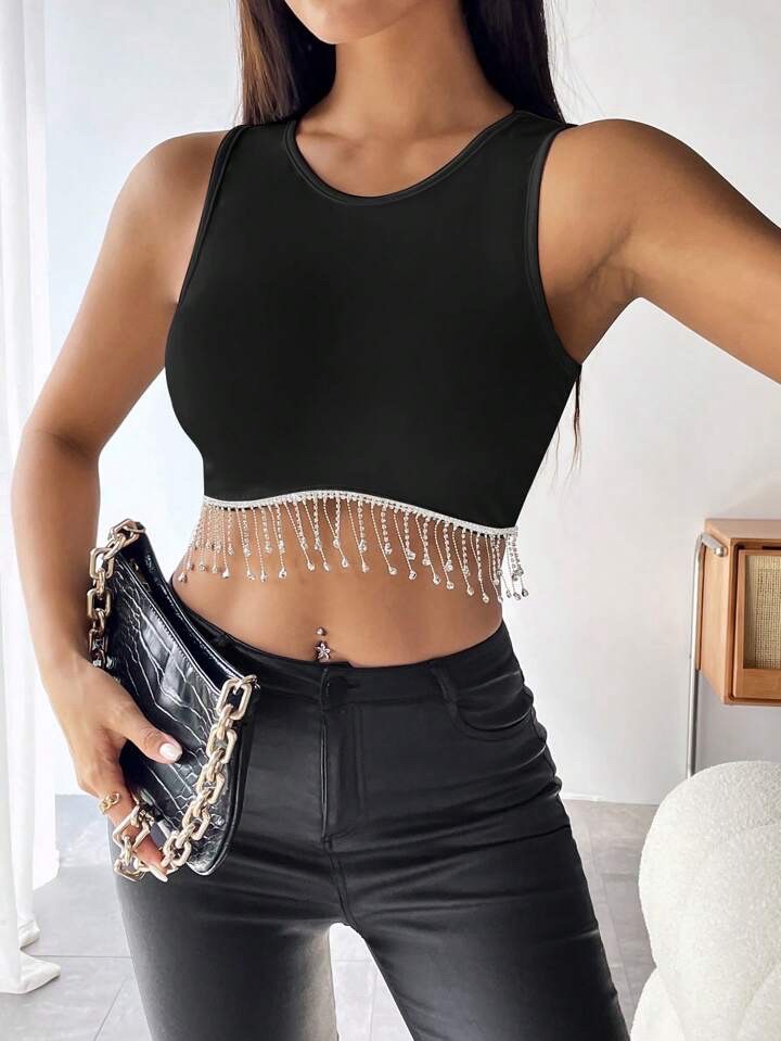 Top noir À Strass À Franges 
