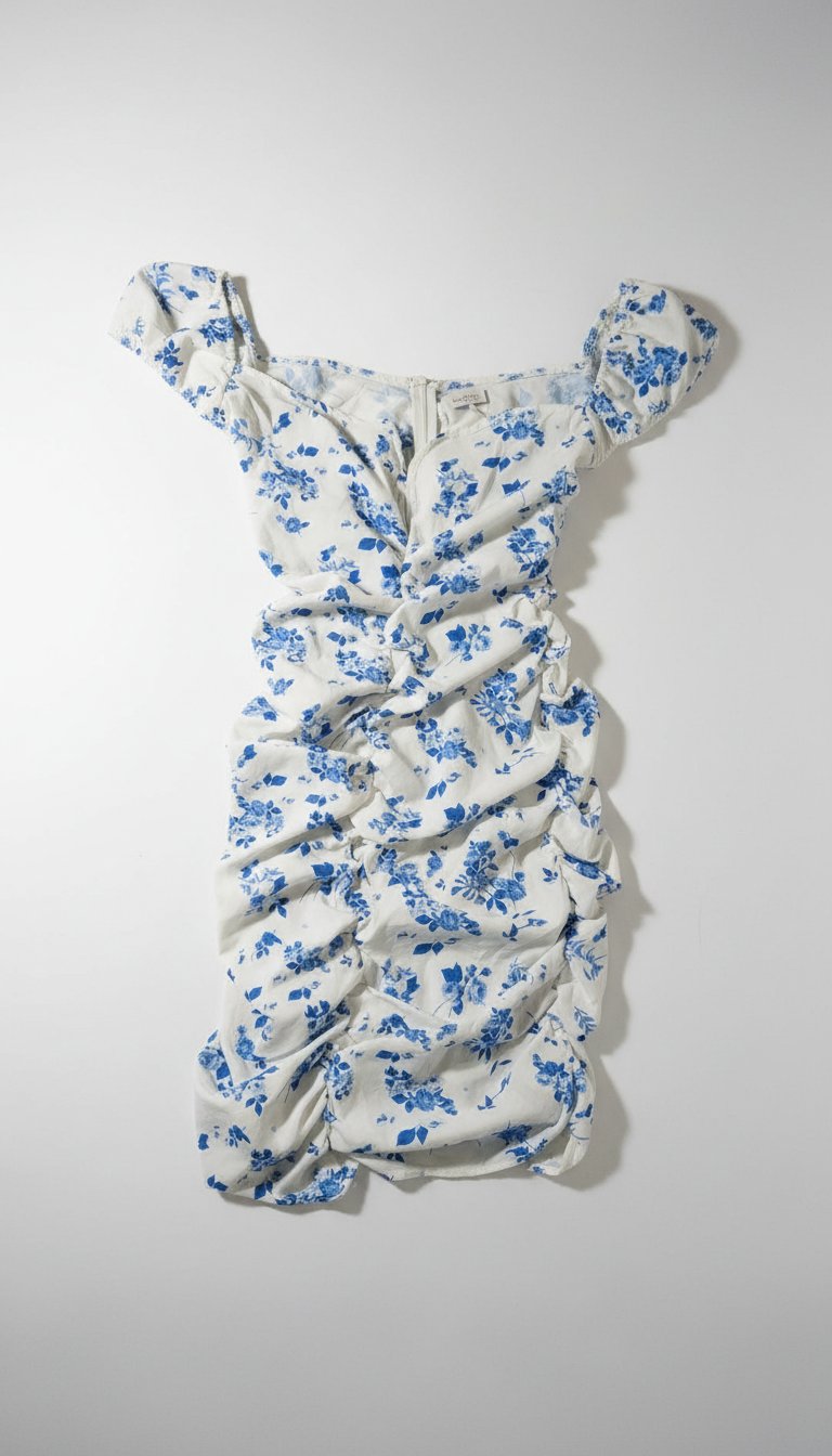 Robe fleurie blanc en détails bleu