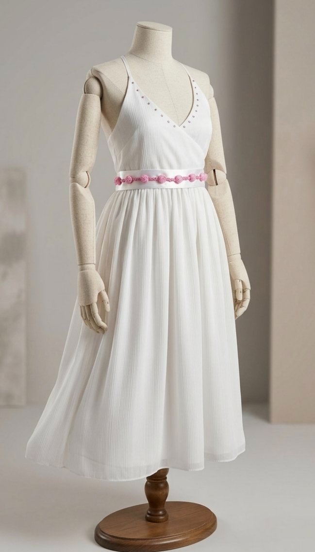 Robe blanche plissée avec ceinture rose perlée