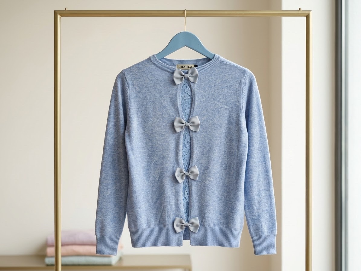 ✨ Magnifique pull fin bleu ciel à détails dentelle & nœuds - Taille S ✨
