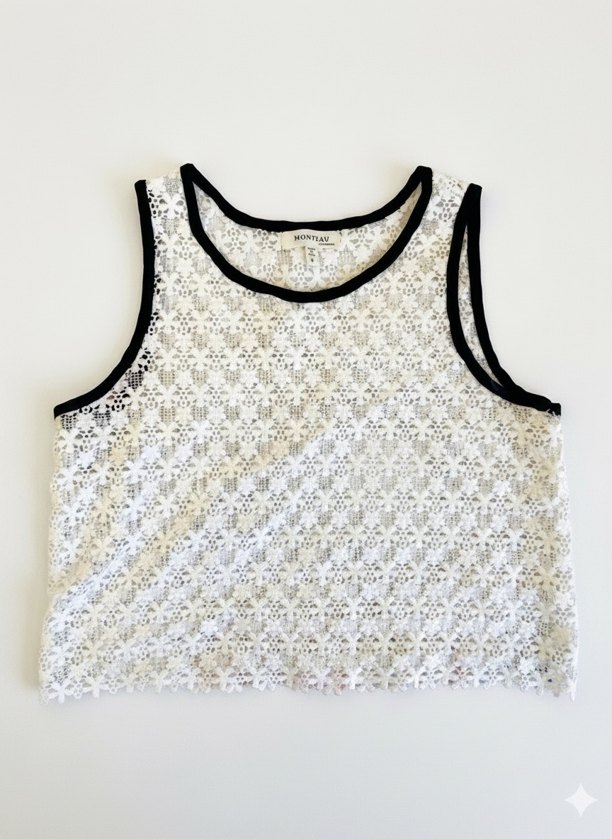 Crop top en crochet blanc et noir Monteau Los Angeles – Taille S (Excellent état)