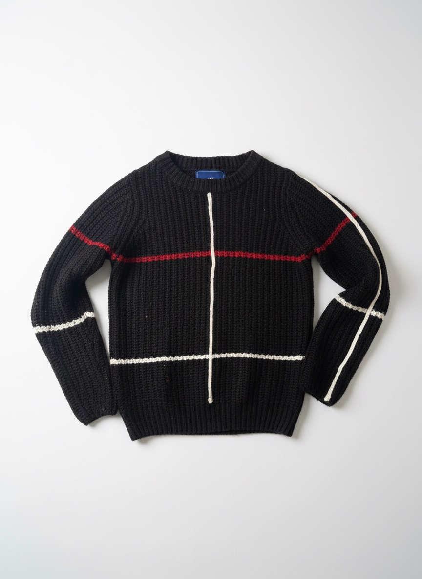 Pull en maille noire - Rayures rouge et blanc - Style Mixte