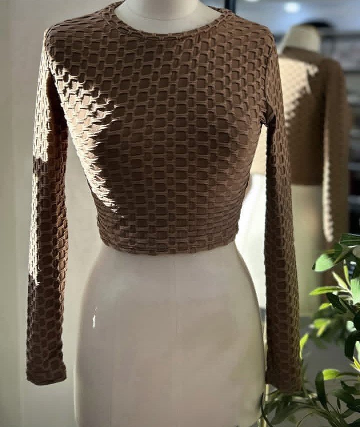 Haut Crop Top Marron en Maille Gauffrée