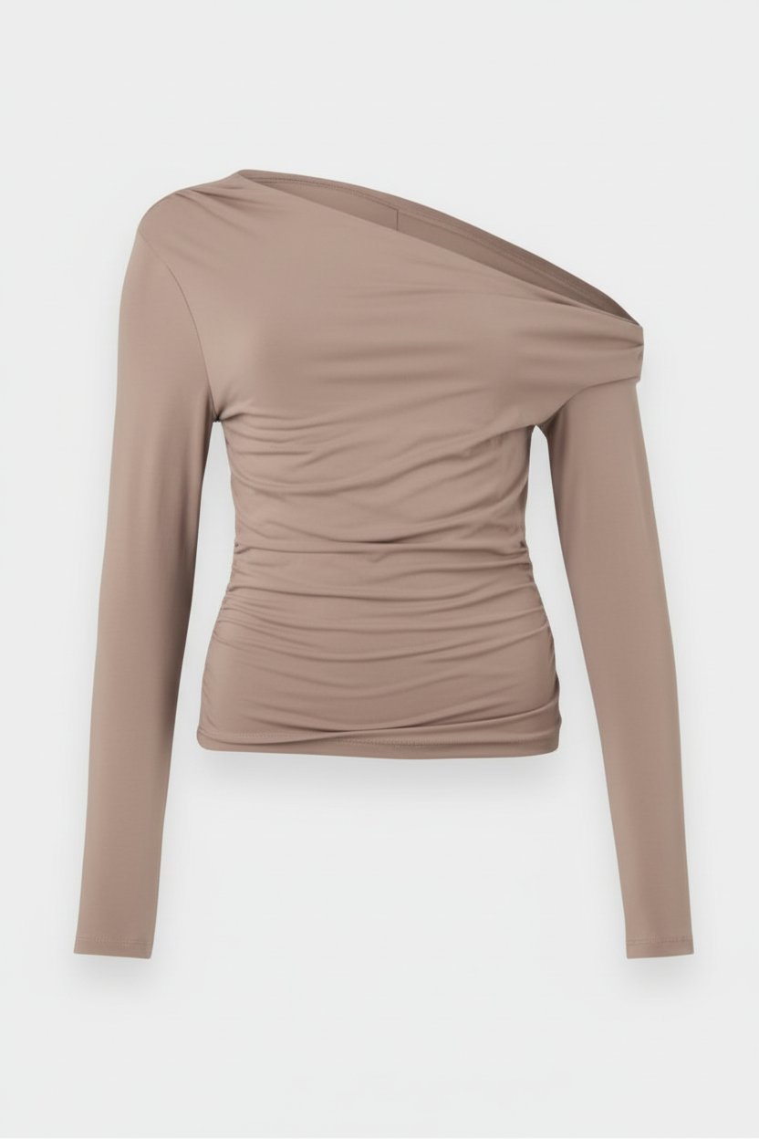 Top asymétrique taupe à manches longues