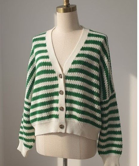 Cardigan Court à Rayures Vertes et Crème