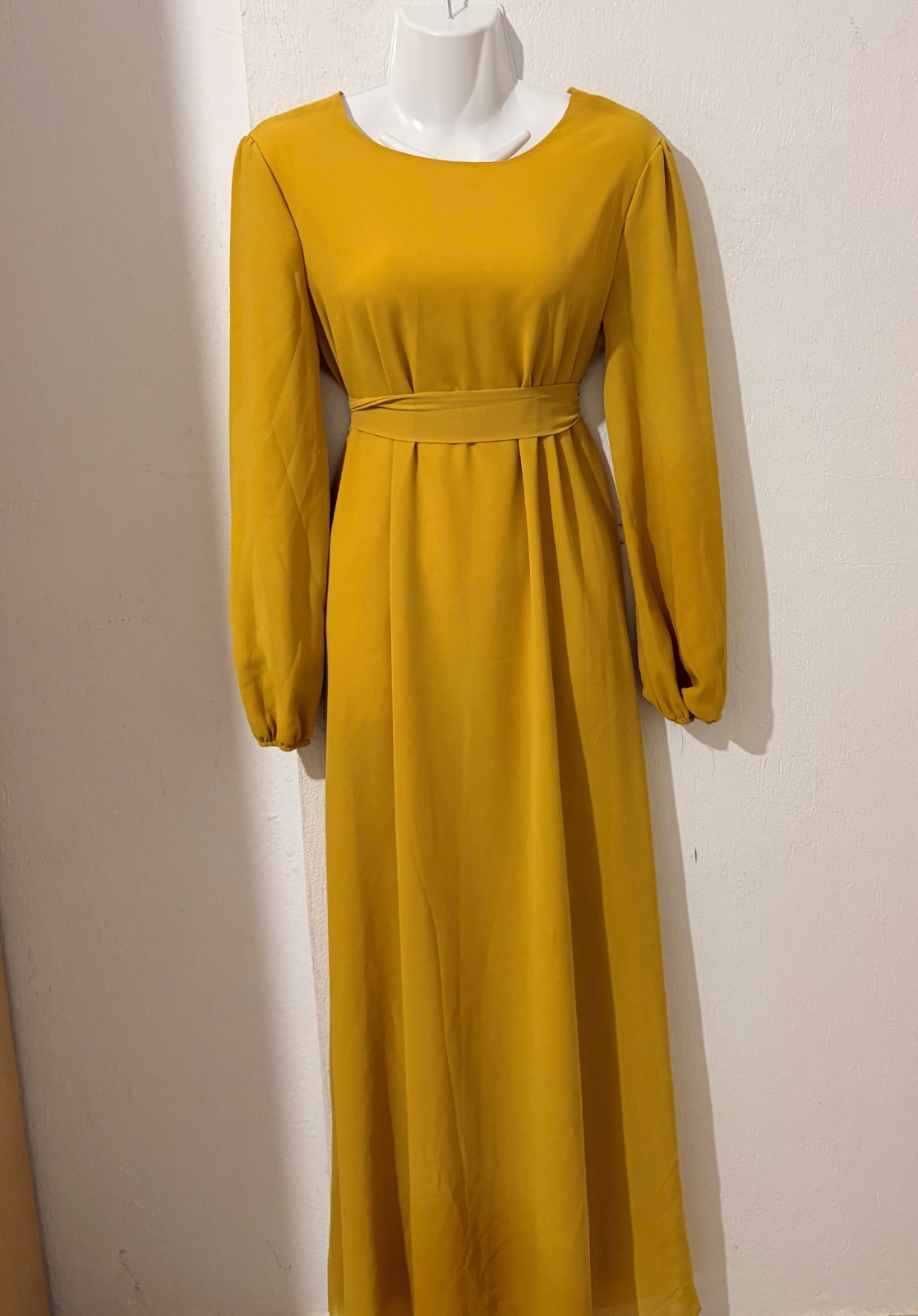 Robe Maxi Fluide Jaune Moutarde à Manches Longues Bouffantes