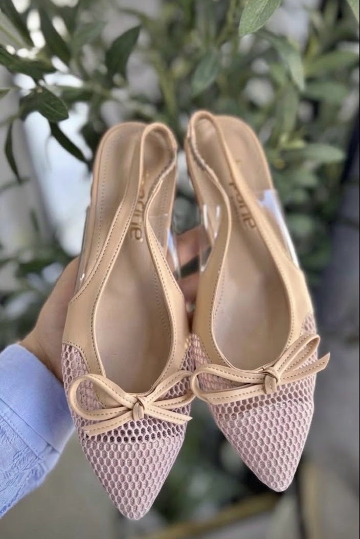 Ballerines slingback plates en cuir et tissu mesh beige 