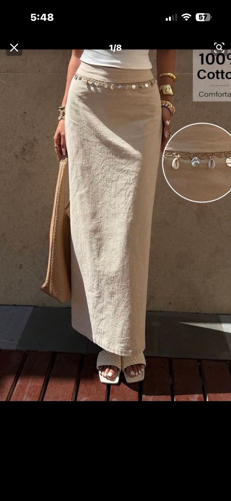 Jupe longue beige style bohème avec détails coquillages