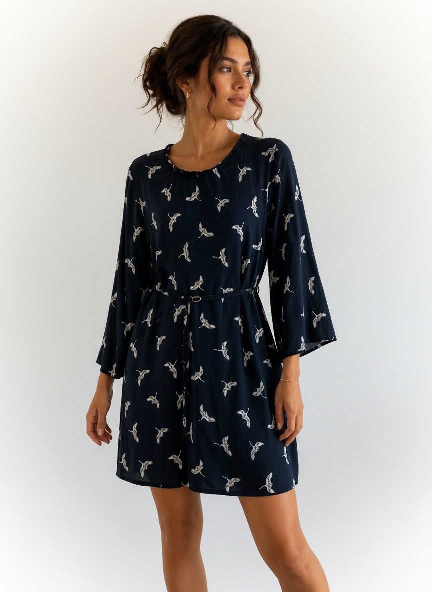 Robe Zara Basic bleu marine imprimé oiseaux – Taille S