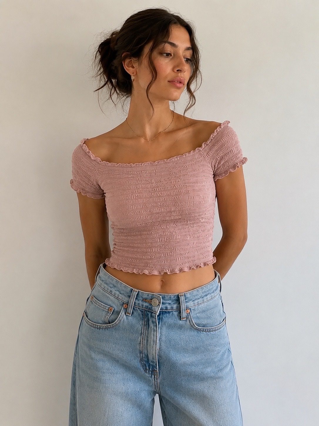 Top rose poudré froncé – Taille M
