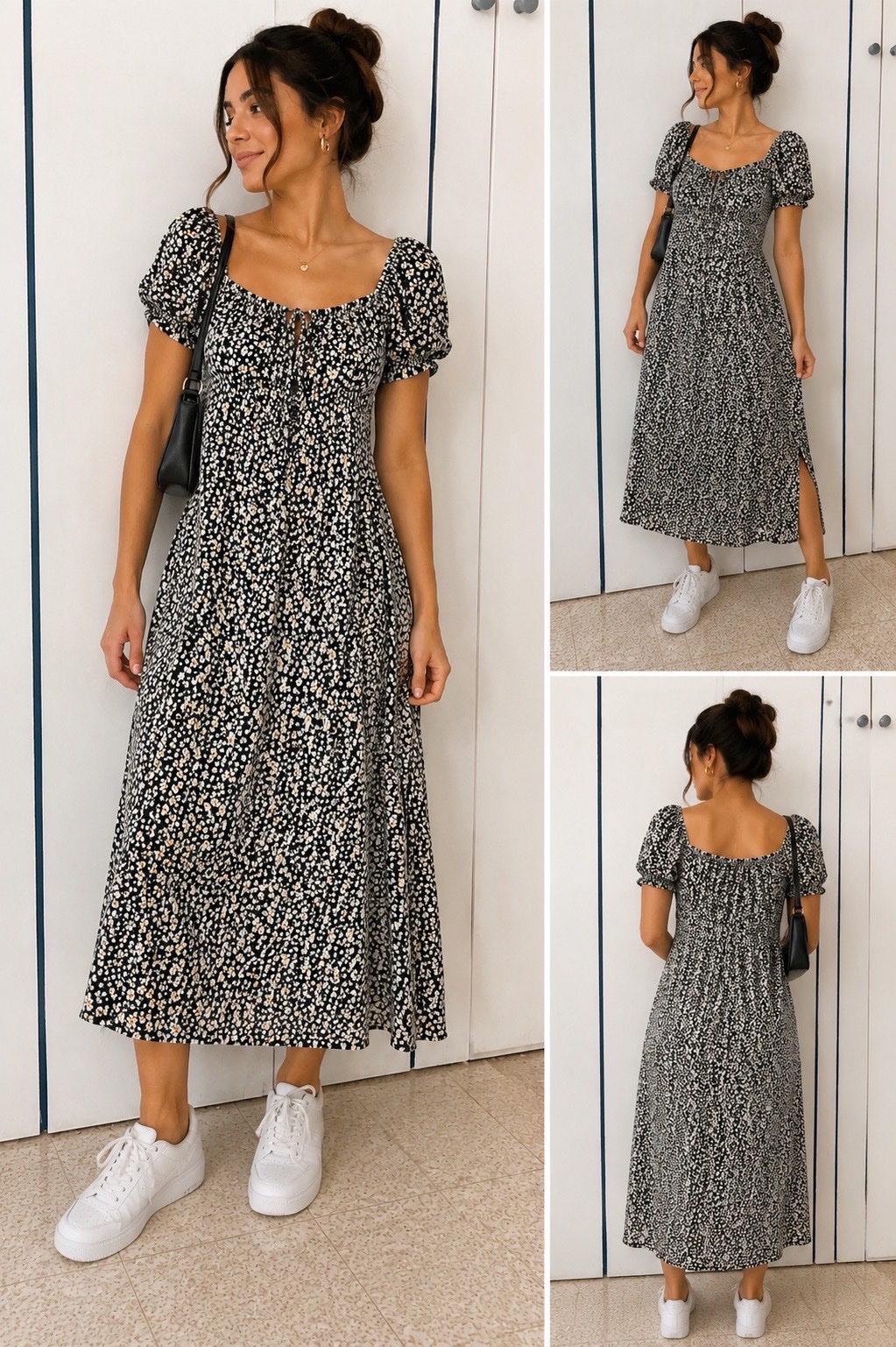 Robe fleurie noire midi – Manches bouffantes – Taille unique