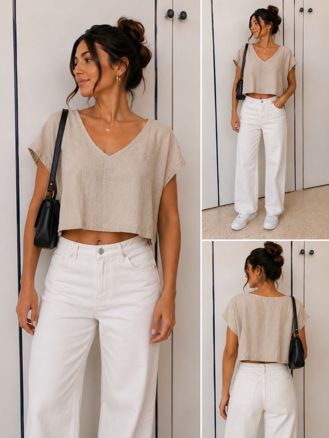 Haut crop beige en lin – Col V – Style minimaliste