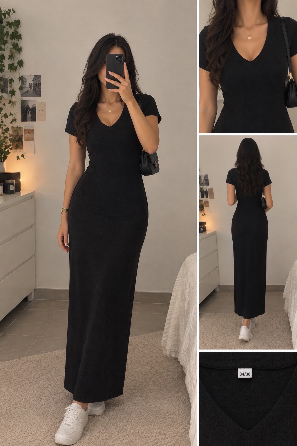 🖤 Robe noire longue Made in Korea – col V – taille 34/36
