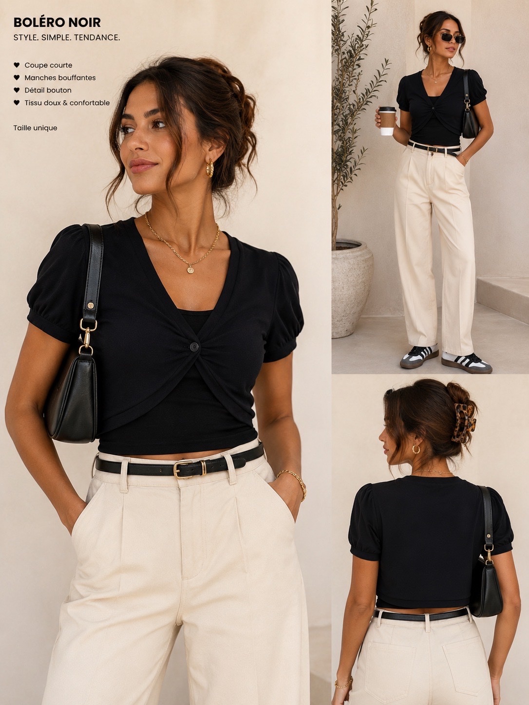 Boléro noir tendance manches bouffantes – Taille unique