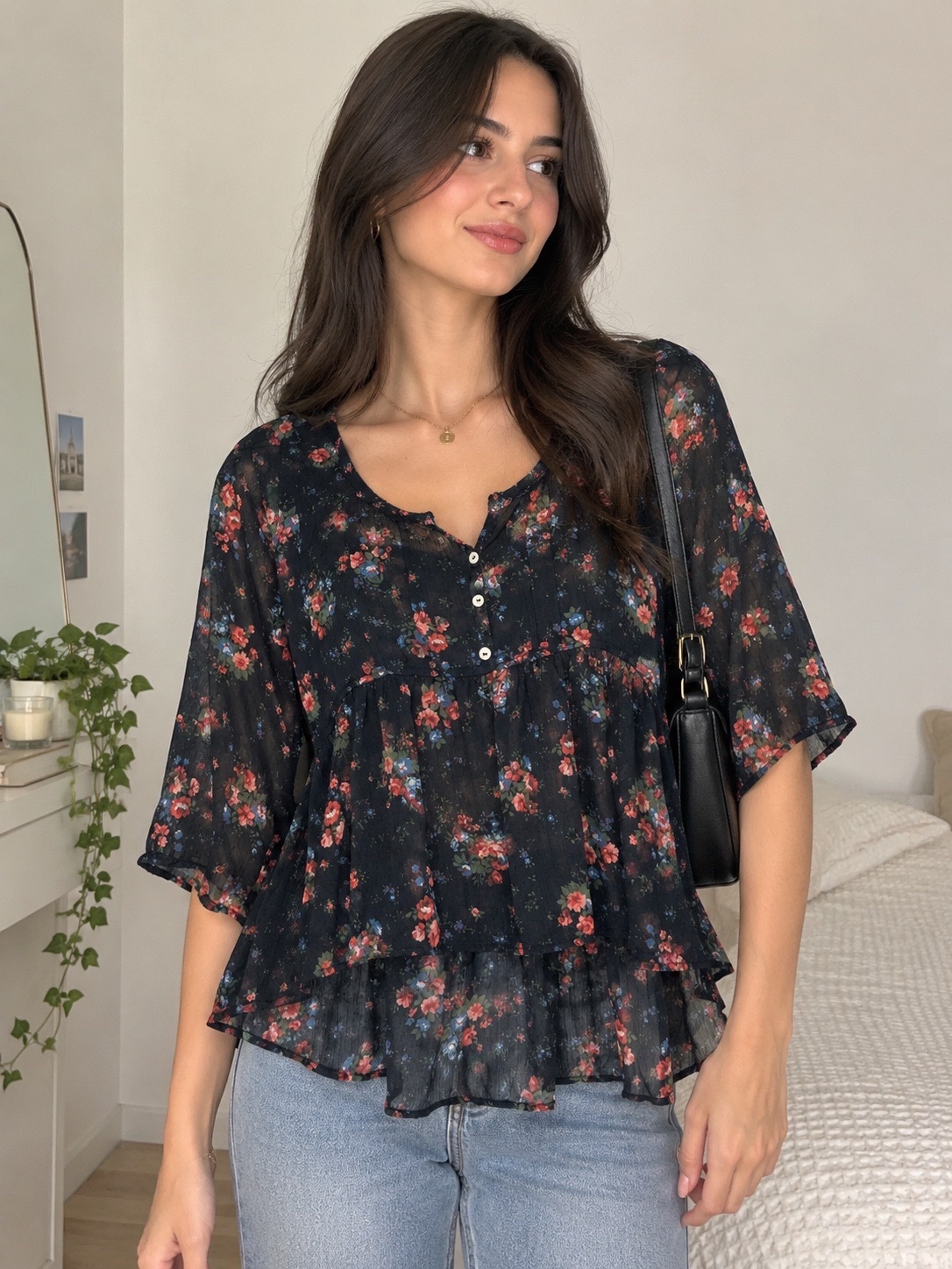 Blouse fleurie noire Bershka 🌸 | Taille S