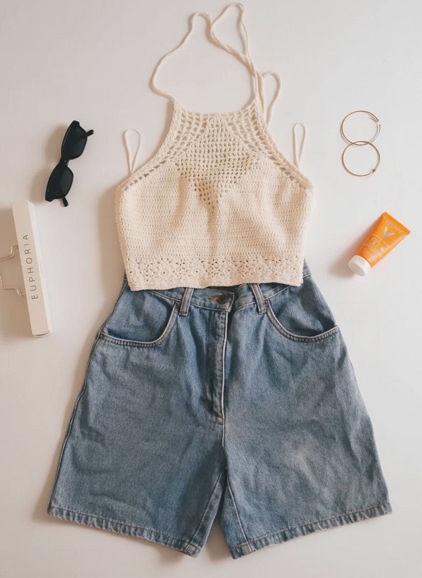 Top blanc crochet et oversized shorts 
