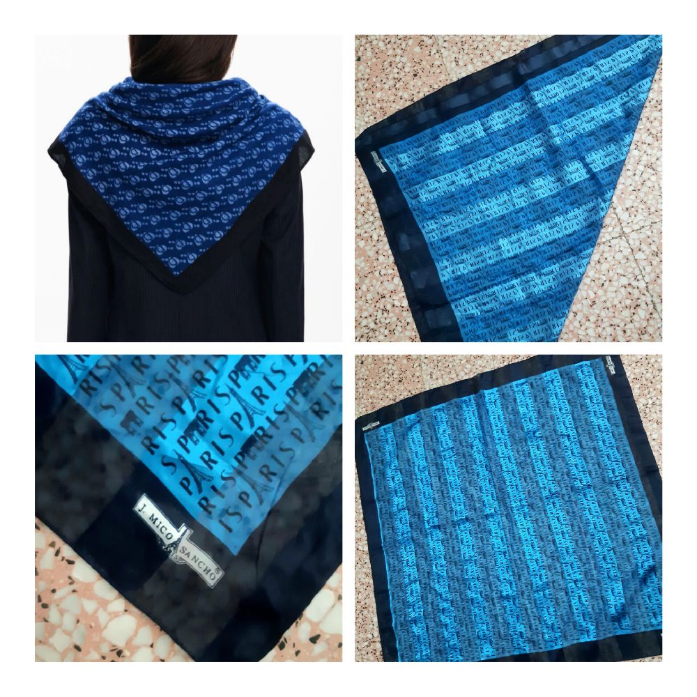 Grand foulard carré vintage, des années 1980, en bleu, réalisé par J.Mico Sancho 