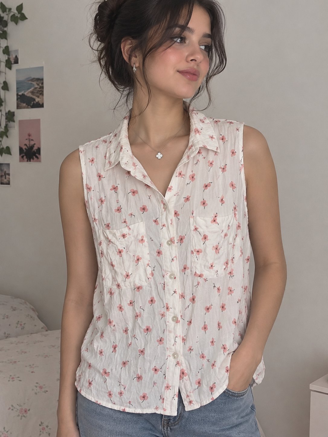 Floral sleeveless button-up blouse 🌸