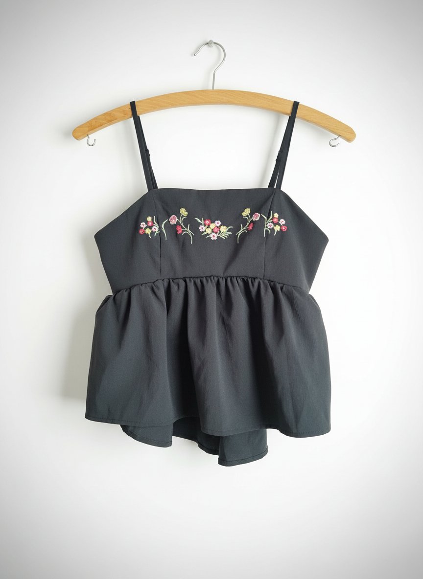 Top noir brodé en fleurs 