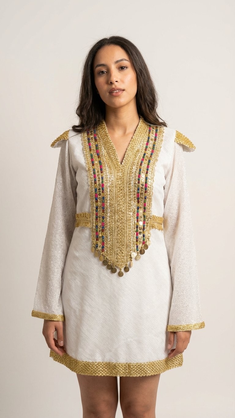 Cette robe est une tenue élégante d’inspiration traditionnelle, avec des détails riches et raffinés